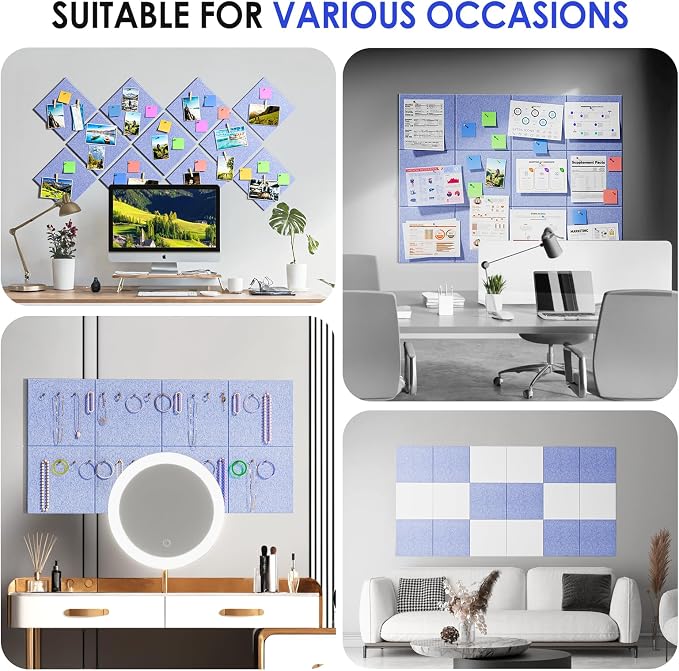 MaxGear Felt Bulletin Board 48" x 36", Light Blue Felt Wall Tile Wall Decor | Modern Cork Board For Office Alternative, 12 Pack 11.8" x 11.8" Wall Panels With Push Pins, Vision Board Office & Home Decor