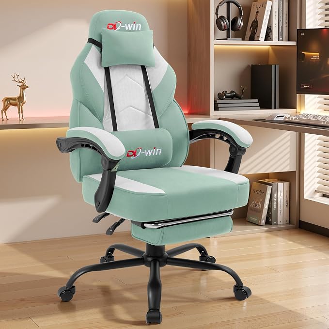 Gaming Chair for Adults with Footrest & Massage Lumbar Support, Ergonomic High Back Gamer Chair, Adjustable Swivel Computer Gaming Chairs with Headrest and Linkage Armrests,Green