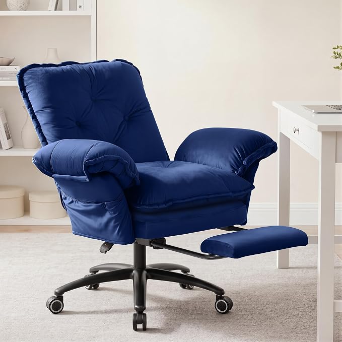Criss Cross Office Chair with Flip Arms & Footrest, Comfy Desk Chair,Blue | Cross Legged Office Chair, Wide Seat Reclining Desk Chair with Wheels, Vanity Chair with Pocket Spring Seat and Side Pockets