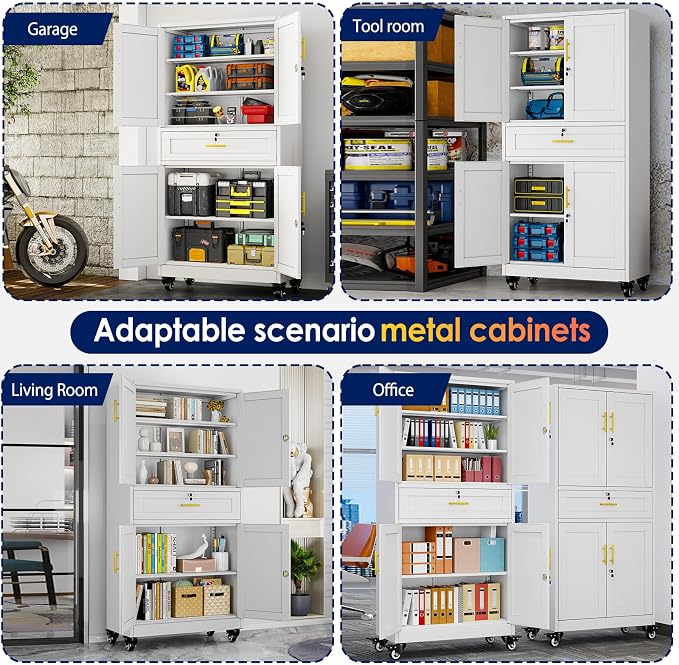 erosoei 75" H Metal Garage Storage Cabinet, Rolling Tool Cabinet | with 2 Doors and Wheels, Locker Steel Cabinet with 4 Adjustable Shelves and Drawer, Organization Cabinet for Garage,Gym