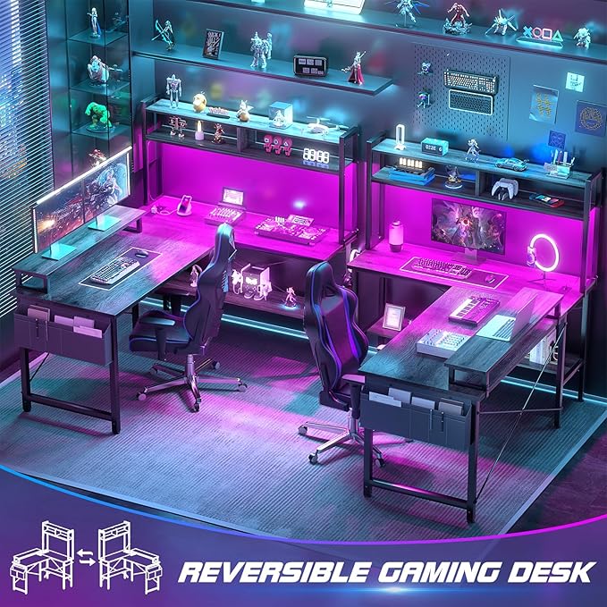 Aheaplus L Shaped Gaming Desk with Power Outlets & LED Lights, Black Oak | Small L- Shaped Desk Computer Corner Desk with Monitor Stand & Shelf, Home Office Desk Writing Desk with Storage Bag & Hooks
