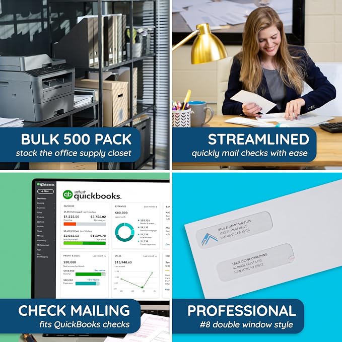 Blue Summit Supplies 500#8 Double Window Security Envelopes, Self Seal | 3 5/8 x 8 11/16 in, security tint, self seal, for QuickBooks checks, business check mailings