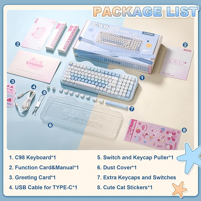 YUNZII C98 Cute Cake Wireless Mechanical Keyboard(Blue, Milk Switch) | 99 Keys with Number Pad, Hot Swap, PBT MOA Keycaps, BT5.0/2.4G/USB-C, Gasket Mount, Custom RGB Backlit for Win/Mac