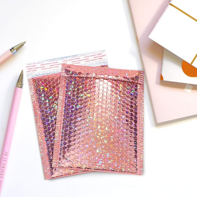 Outus 30 Pieces Holographic Bubble Padded Mailer Holographic Bubble Mailers Padded Envelopes Self Sealing Cushion Envelopes for Mailing, Shipping and Packing(Rose Gold, 9.5 x 6 Inch)