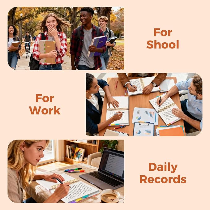 XYark A4 Hardcover Spiral Notebook, 8.5"x11" College Ruled Notebooks with Removable Dividers Tabs & Ruler, 5 Subject Notebook 300 Pages, Large Lined Journal for Women Men School Work Office, Orange