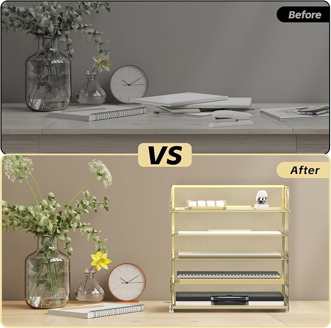 5 Trays Paper Organizer Letter Tray with Handle-Mesh Desk File Organizer, Paper Sorter Desk Organizer for Office, Home or School (Golden)