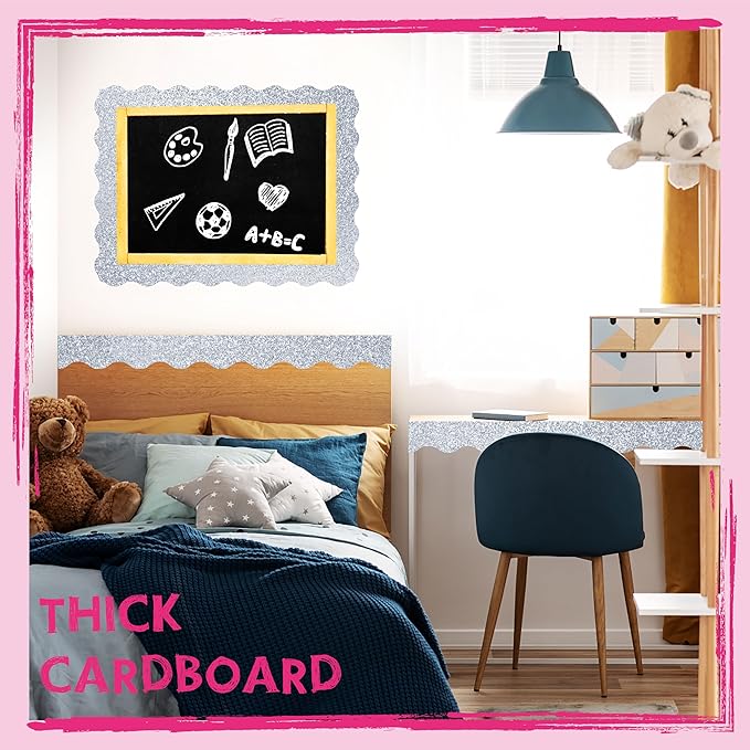 60 Feet Bulletin Board Borders, 45 Sheets Silvery Glittering Scalloped Border Trim, Walls, Desks, Windows, Doors, Chalkboards, Whiteboards Decors for School, Classroom, Home & Offices