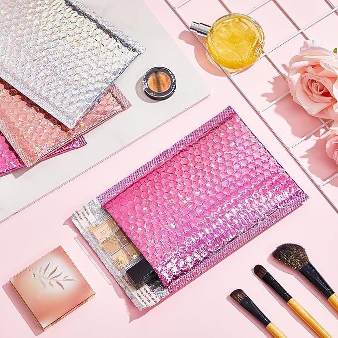 60 Pcs 6 x 9.5 Inch Holographic Bubble Mailers Metallic Bubble Envelopes Usable Size 5" x 8" Waterproof Self Seal Shipping Bags for Makeup Jewelry Small Business, Silver, Pink, Rose Pink