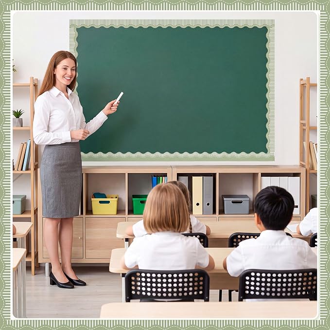 2 Rolls 65.6ft Sage Green Striped Bulletin Board Borders Decoration Scalloped and Straight Edge Greene Bulletin Borders Board Trim for Office School Classroom Chalkboard Party Decoration