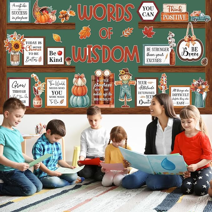Mooliwe 57 Pcs Autumn Leaves Bulletin Board Set Fall Harvest Inspirational Classroom Decoration Cutout for School Office Chalkboard Door Wall Decor