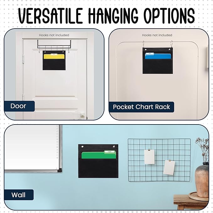 Essex Wares - 1 Pocket File Folder Pocket Chart, Black, 14" W x 12" T | Versatile Wall Hanging File Folder Organizer for Classrooms, Offices, Home, and More - Wall Folder Organizer