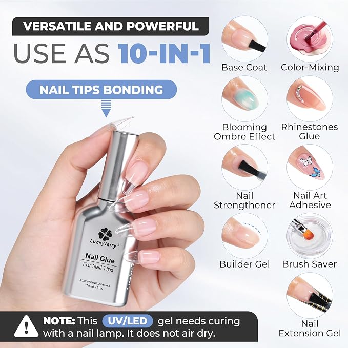 Luckyfairy Gel Nail Glue for Nail Tips 15ml | Nail Gel Glue Lamp Curing Needed, Long Lasting, Clear Acrylic Press on False Nails, Not Peel Off & Bubble Free Formula