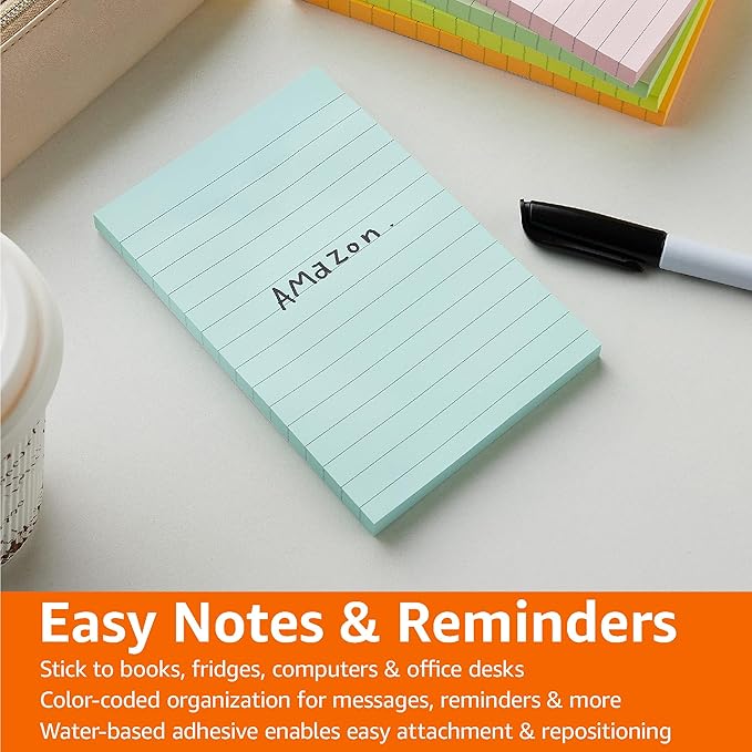 Amazon Basics Lined Sticky Notes, 4x6" Self-Stick Pads with Clean Removal Adhesive for To Do List, Home, Office, Notebook, Assorted Colors, 100 Sheets/Pad, Pack of 5