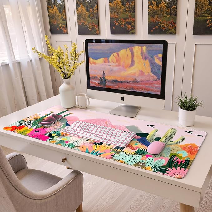 iCasso Desk Mat,Cute Mouse Pad for Desk,35"x16",Home Office, Cactus | Waterproof Desk Pad with Non-Slip Rubber Base and Stitched Edges, Extended Keyboard Mousepad for Computer, Home Workspace