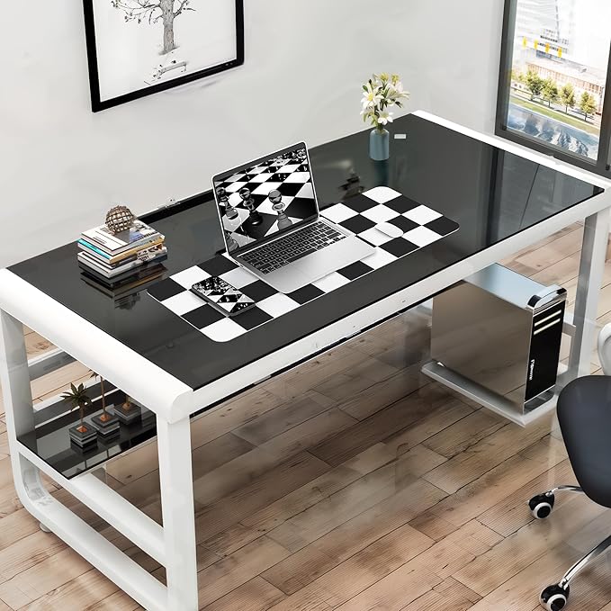 Non-Slip Checkered Desk Mat, 31.5"x12", White Black | Waterproof PU Leather, Large Blotter, Easy Clean, For Work/Home/Decor