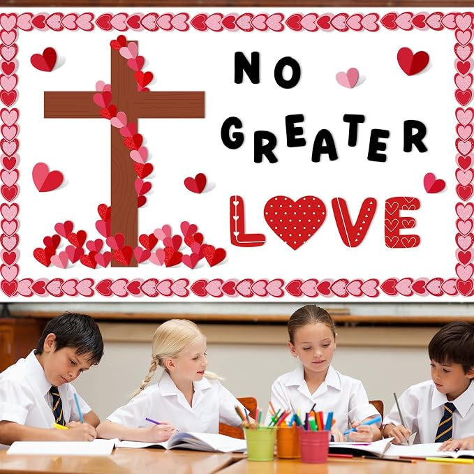Valentine's Day Bulletin Board Decoration 3D Valentines Red Pink Heart Classroom Decorations Heart Religious Cross Cutouts Christian Bulletin Board for School Home Office Wall Door Decor Supplies
