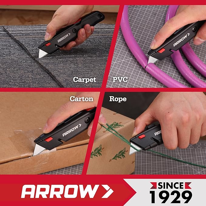 ARROW Retractable Box Cutter, Quick Change Utility Knife with Blade Storage Design, Heavy Duty Aluminum Razor Knife, Twine Cutter, 3 Extra SK2 Blades Included
