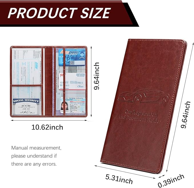 Car Registration and Insurance Card Holder for Women Men, Dark Brown Glove Box Paperwork Organizer with Magnetic Buckle for Easy Access and Protect Documents and Various Cards in Vehicle