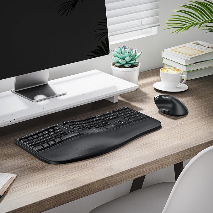 MEETION Ergonomic Keyboard and Mouse Combo, Split Design, Vertical Mouse | Rechargeable full-size keyboard with cushioned wrist rest, 2.4GHz USB receiver, natural typing, for Windows, Mac, PC, laptop