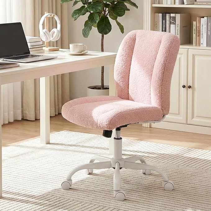Vanity Chair with Wheels, Armless Office Chair Height Adjustable, Cute Desk Chair with Soft Lumbar Support for Small Space, Bedroom, Make-up Room, Pink