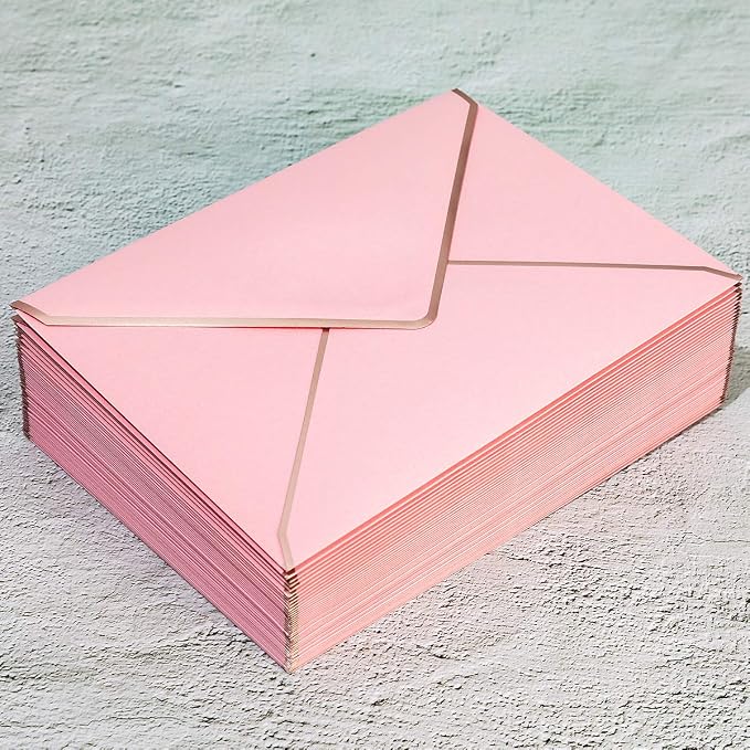 50 Pack A7 Envelopes Pink 5 x 7 with Gold Border | Self-Adhesive, V Flap, For Wedding, Graduation, Baby Shower, Parties, Invitations