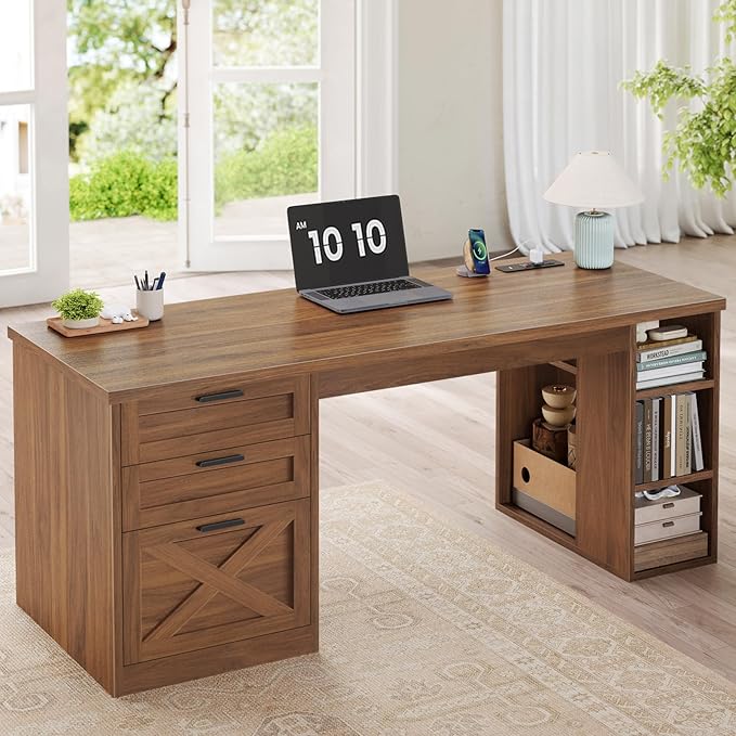 SEDETA 55.1" Farmhouse Executive Office Desk with 3 Drawers for Home Office | Executive Computer Desk with File Drawer & Storage Shelves, Home Office Desk with Power Outlet for Home Office,Brown