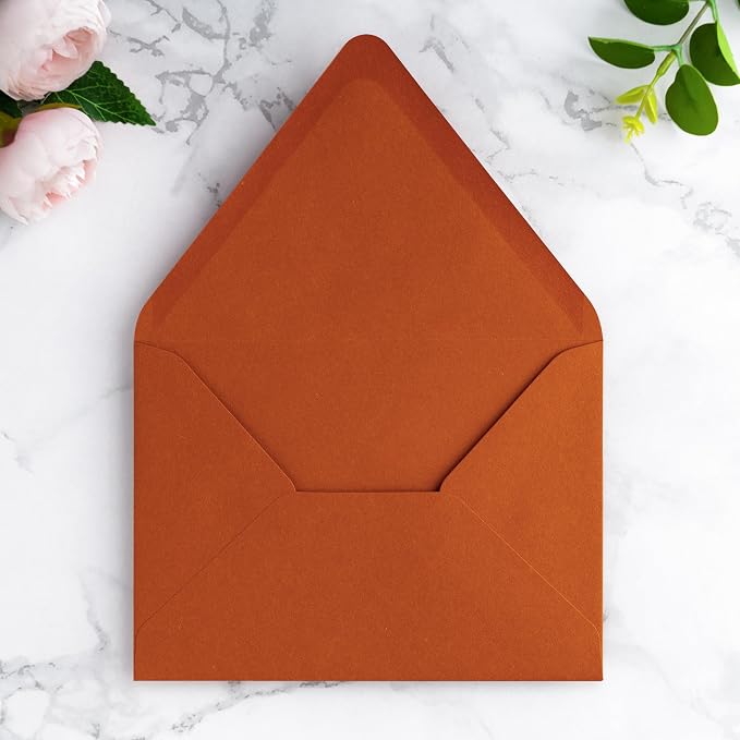 PONATIA 50 PCS/Pack A7 Envelopes, Euro Flap 5x7 Envelopes for Wedding Invitations, Greeting Cards, Acrylic Invitations, Photos, Postcards, Christmas Mailing 5.25 x 7.25 inches (Burnt Orange)