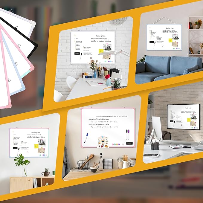 Dry Erase Board for Wall, 24" x 18" Double-Sided Hanging White Board with 6 Markers, 6 Magnets and 3 Mini Sticky Notes, Portable Whiteboard for Home, Office, School, Black Frame