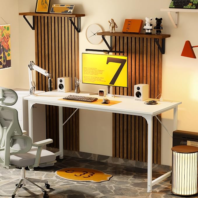 55 X 20 Inch Computer Desk, Power Outlets, USB-C, White | Office Desk with 4 AC Outlets, USB & USB-C, Sturdy Metal Frame, Spacious Desktop for Work, Writing, Study & Gaming