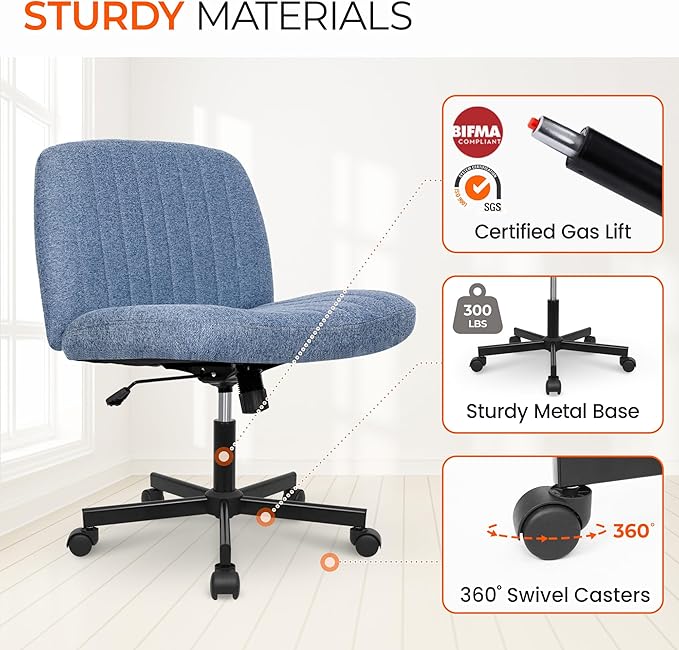 Orange Factory Criss Cross Chair, Wide Fabric Vanity Desk Seat, Blue Wheel | Cross-Legged with 360° Swivel, Height Adjustable, Smooth and Silent Wheels, Comfy Seating for Office, Desk, or Computer Use