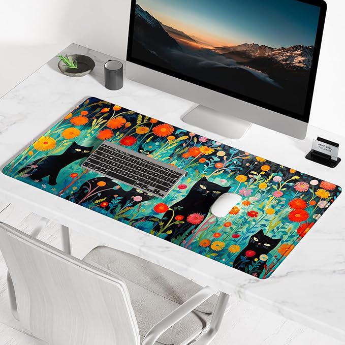 BOSOBO Large Desk Mat, XXL Gaming Mouse Mat, Full Cover Desktop 31.5 x 11.8 Inches, Black Cat GreenFolwers