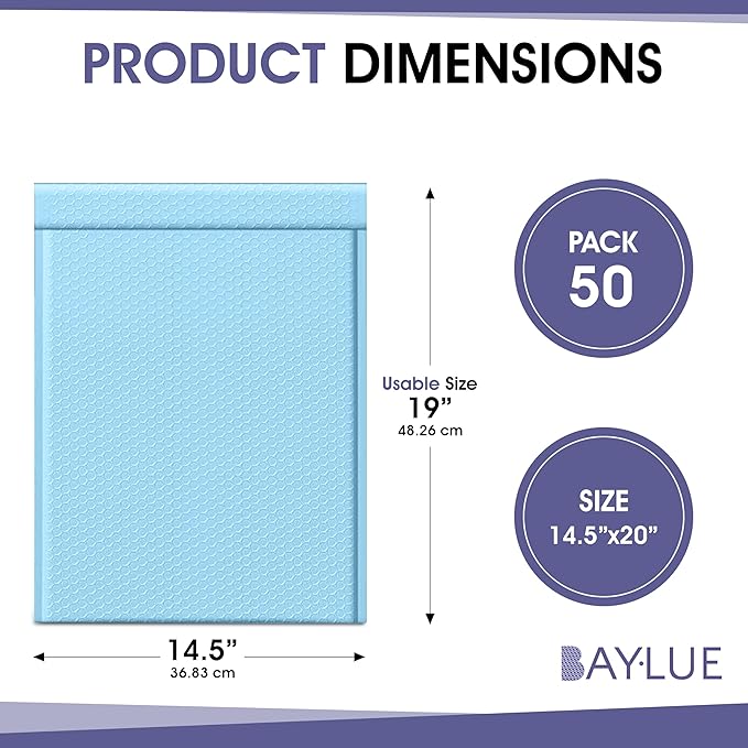 Light Blue Bubble Mailers 14.25x20, Poly Padded Envelopes #7, 50 Pack | Holds Clothing & Bulk Items, Self-Seal Closure, Cushioned Protection, Water-Resistant Poly, Bulk Pack