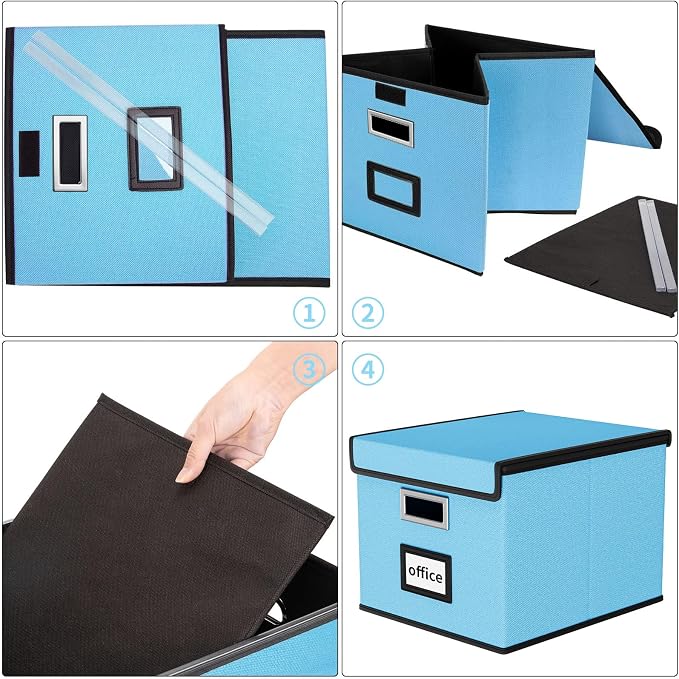 File Organizer Box with Lids, Collapsible File Folder Organizer | File Box with Plastic Slides for Document, Filing Bin for Letter Size Hanging File Folders (2 Pack, Sky-blue)