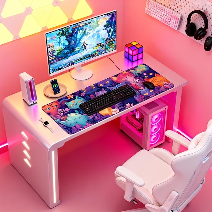 Cute Anime Cats Gaming Mouse Pad, Candy Anime Desk Mat with Anti-Slip Base & Stitched Edges, Office & Home Desk Decor for Women, 35.4" x 15.7" in Computer Desktop Mat