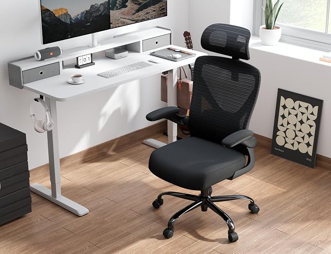 Ergonomic Office Chair: Mesh Desk Chair Comfy with Headrest& Lumbar Support | Ergalithic Big and Tall Office Chairs with Wheels & Flip-Up Arms-Computer Gaming Chairs for Adults Home Office Chairs(Black)