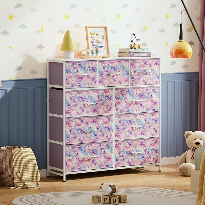 WLIVE 9 Drawer Dresser, Fabric Storage Tower for Bedroom, Hallway, Closet, Tall Chest Organizer Unit for Bedroom with Fabric Bins, Steel Frame, Wood Top, Easy Pull Handle, Tie-dye Purple Print