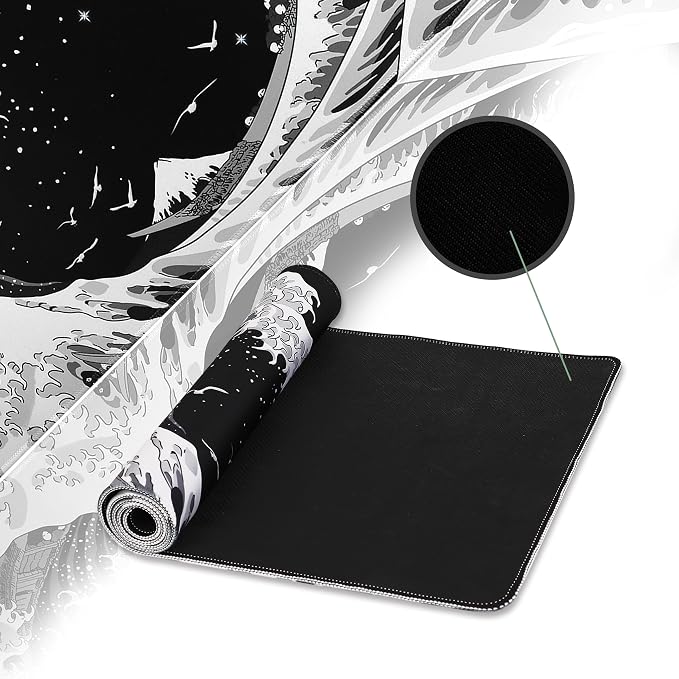 MEWOOCUE® Gaming Mouse Pad for Desk,Large Sea Wave Mousepad Laptop,Black White Japanese Anime Mouse Mat,Long XXL Waterproof Keyboard Pads,Big Non-Slip Mouse Pads for Game Office Home(31.5 x 11.9 in)