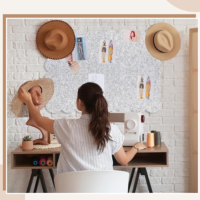 Mooliwe Scalloped Felt Bulletin Cork Board Foldable Light Gray 36 * 24 Inch | 3' x 2' Trifold, Self Adhesive, Picture Vision Board, Cork Alternative for Wall, Pin Bulletin Decorative for Office Bedroom