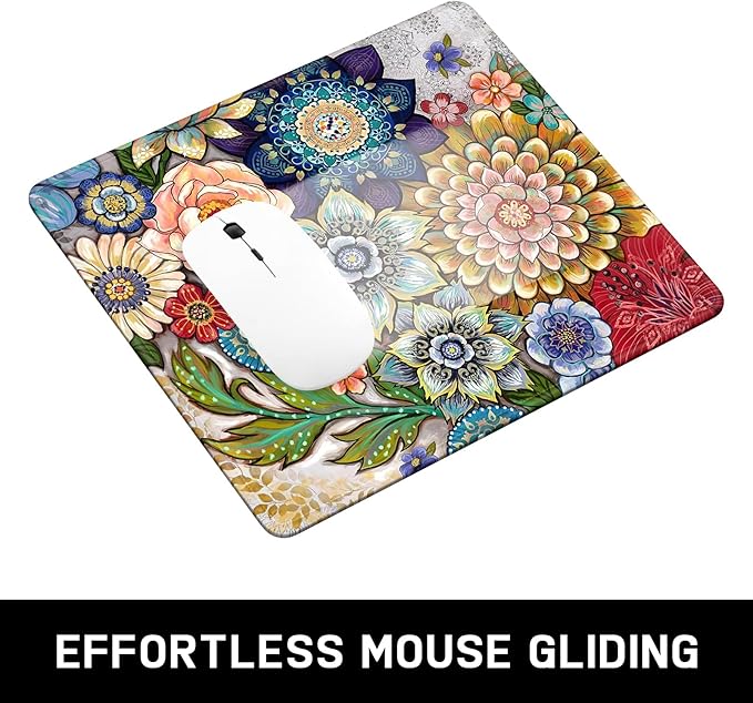 Mouse Pad, Minimalism Marble Style Computer Pad, Anti-Slip Rubber Mouse Mat with Stitched Edges for Gaming, Office, Laptop, PC, Women, 9" x 8" Thick 3 mm, Retro Flower