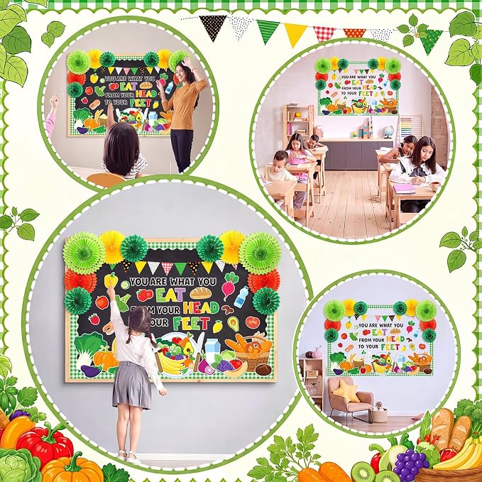 77 Pcs Cafeteria Bulletin Board Decorations with 3D Paper Fans | Nutrition Classroom Bulletin Board Set, Healthy Plate Fruit Vegetable Cutouts, Back to School Wall Door Decor Supplies