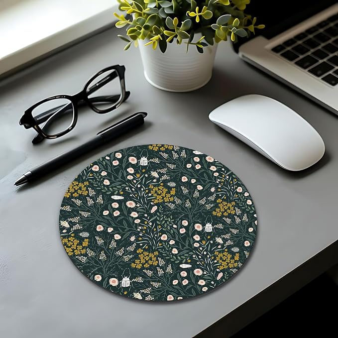 Dark Green Plant Mouse Pad, Cottagecore Vegetation Wildflowers Mousepad Mouse Mat with Non-Slip Rubber Base for Home Office Desk Accessories, Green Office Supplies, 7.9x7.9 Inch
