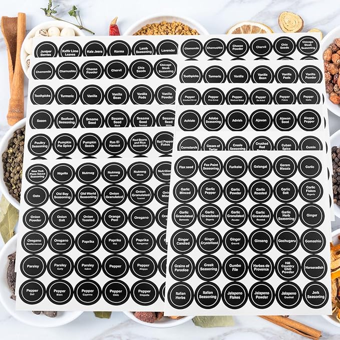 Spice Labels, 432Pcs Spice Labels Stickers 1.4in Waterproof Adhesive Round Preprinted Spice with Blank Label Black Tear Resistant Sticker for Kitchen Jars Caps Food Containers Spice Organizers