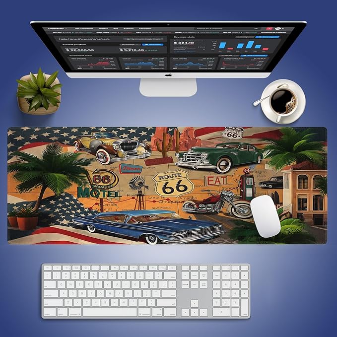 Historic Route 66 Celebration Large Mouse Pad, Vintage Americana Desk Mat | Retro Car Motorcycle on a Map Road Trip, 31.5" x 11.8", Gaming/Office Stitched Keyboard Mat, Smooth Surface Anti-Slip Base