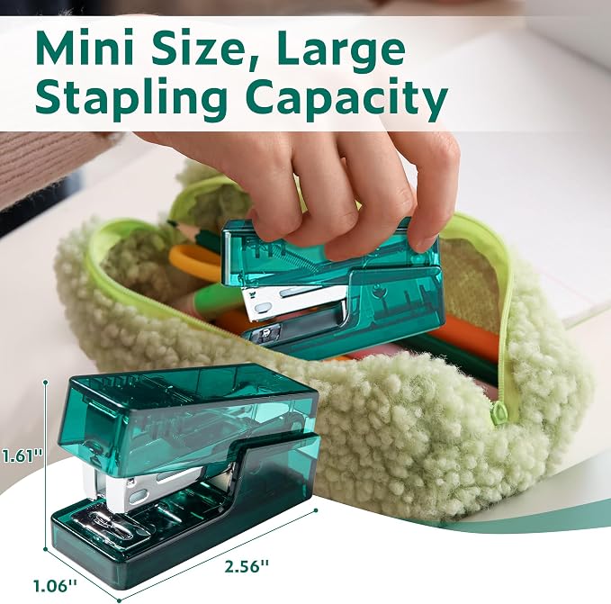NUSIGN Mini Stapler with 830 Staples, Small Cute Desk Staplers, 25 Sheet Capacity, Clear Green