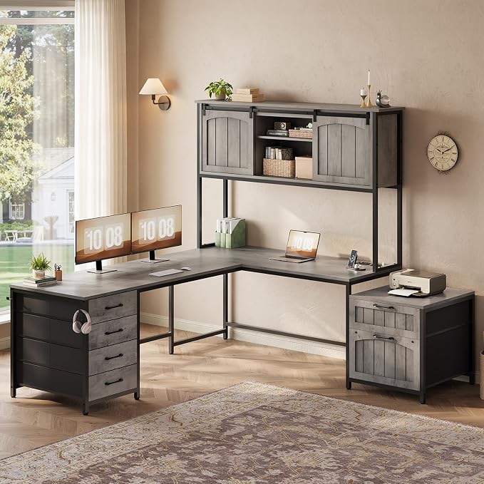 SEDETA Reversible Farmhouse L Shaped Office Desk with 6 Drawer, Hutch | Computer Corner Desk with Power Outlet, File Drawer & Printer Storage Shelves, for Home Office/Two Person, Grey