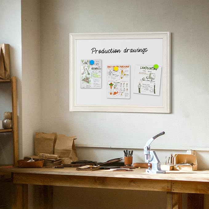 White Board for Wall, 24'' x 18'' Magnetic Dry Erase Board, Vintage White | Wooden Frame, Decorative Whiteboard, Wall Mounted, for Home, Office, Kitchen, Dorm, 4 Markers, 6 Magnets, A Eraser