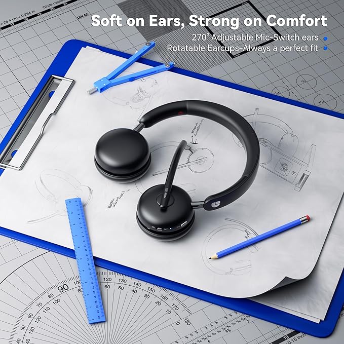 Wireless Headset with Mic for Work-Bluetooth 5.3 Headset with Microphone Noise Cancelling, Wireless Headsets with 65H Battery & 10Min Fast Charge, Smart Charging Dock for PC/Laptop/Team, Black