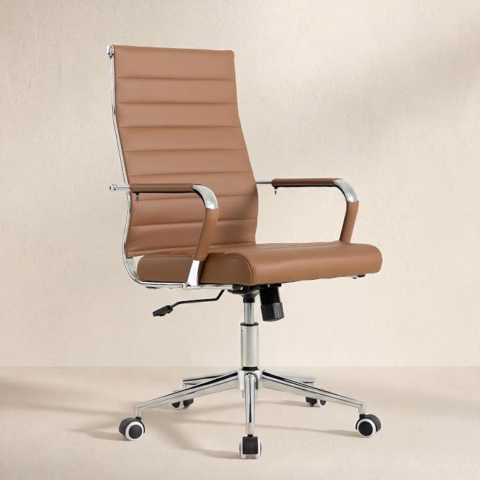 Okeysen Office Desk Chair, Ergonomic Leather Modern Conference Room Chairs, Executive Ribbed Height Adjustable Swivel Rolling Chair for Home Office Set of 10. (Brown)