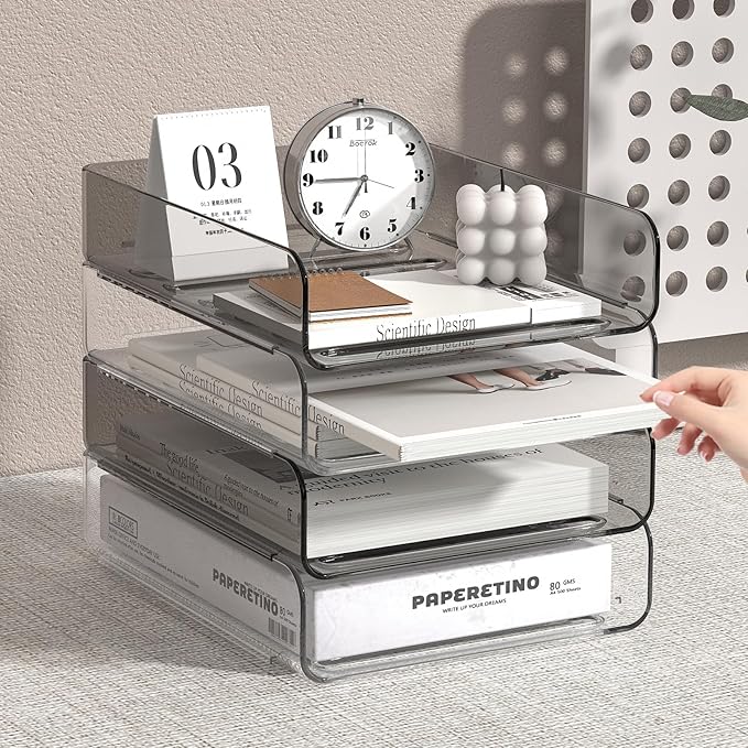 4-Tier Acrylic Paper Tray Organizer | Clear Stackable Desk Organizer for Documents, Letters, A4 Paper | Modern Office/Classroom/Home Organization,Clear&Brown