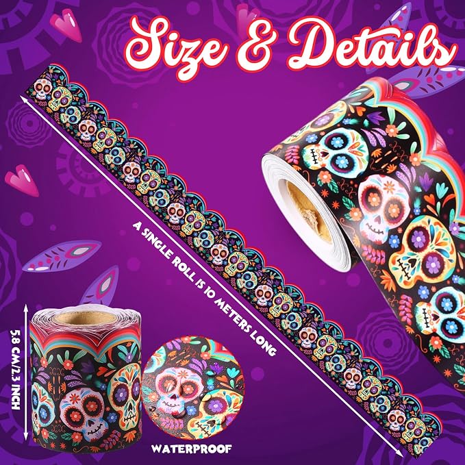 32.8 Ft Day of The Dead Bulletin Board Borders Skull Wavy Trim | Vibrant Skull Patterns with Wildflowers, Scalloped for Classroom Bulletin Boards and Fiesta Decor